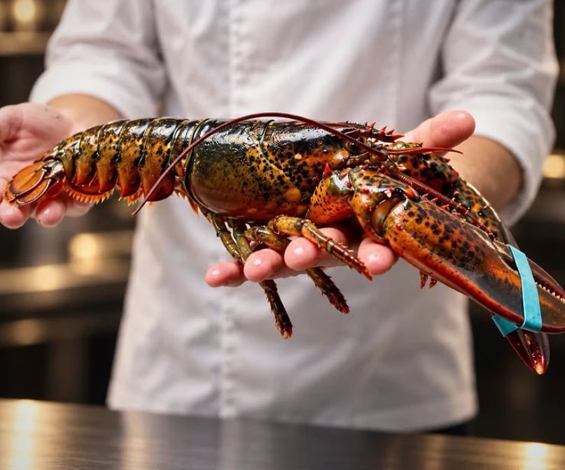 Küchenchef präsentiert frischen Hummer im Viora